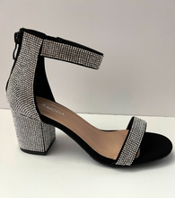 Load image into Gallery viewer, Black Chunky High Heel Sandal with White Crystal Embellishments. Low high heel. 3 inch heel. Zipper backing. Good for formal and casual occasions. Side view.
