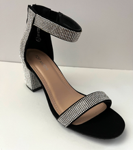 Load image into Gallery viewer, Black Chunky High Heel Sandal with White Crystal Embellishments. Low high heel. 3 inch heel. Zipper backing. Good for formal and casual occasions. Front side view.
