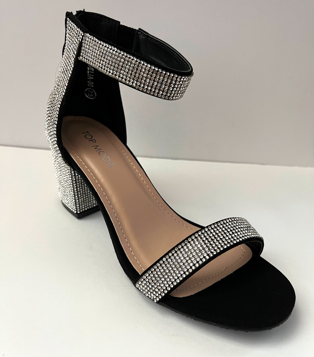 Black Chunky High Heel Sandal with White Crystal Embellishments. Low high heel. 3 inch heel. Zipper backing. Good for formal and casual occasions. Front side view.