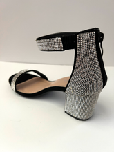 Load image into Gallery viewer, Black Chunky High Heel Sandal with White Crystal Embellishments. Low high heel. 3 inch heel. Zipper backing. Good for formal and casual occasions. Back side view.
