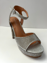 Load image into Gallery viewer, High heeled party and evening shoe with crystal embellishments. Open-toed sandal. Platform with ankle strap. Good for parties and formal occasions. Evening shoe. Party shoe. Comes in silver color.
