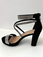 Load image into Gallery viewer, Strappy platform sandal heel with crystal embellishments.  Comes in gold, silver, and black. Good for parties and formal occasions. Criss-cross front pattern. Wedge high heel for more support. Black color. White crystals.
