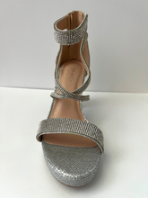 Load image into Gallery viewer, Strappy platform sandal heel with crystal embellishments.  Comes in gold, silver, and black. Good for parties and formal occasions. Criss-cross front pattern. Wedge high heel for more support. Silver color. White crystals.

