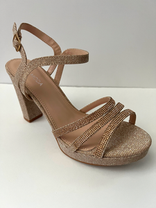 Glitter and crystal embellished platform sandal heels. Good for parties and formal occasions. Platform for additional support. Ankle strap to keep foot in place. Three decorative straps at front of shoe for decoration. Comes in gold, silver, and black. Gold color.