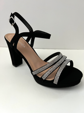 Load image into Gallery viewer, Glitter and crystal embellished platform sandal heels. Good for parties and formal occasions. Platform for additional support. Ankle strap to keep foot in place. Three decorative straps at front of shoe for decoration. Comes in gold, silver, and black. Black color.
