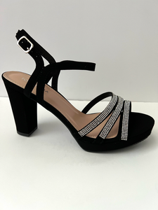 Glitter and crystal embellished platform sandal heels. Good for parties and formal occasions. Platform for additional support. Ankle strap to keep foot in place. Three decorative straps at front of shoe for decoration. Comes in gold, silver, and black. Black color.
