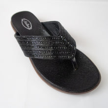 Load image into Gallery viewer, All black flip-flops with crystal-embellished straps.
