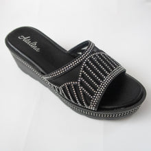 Load image into Gallery viewer, Black Wedge Sandals with Crystals
