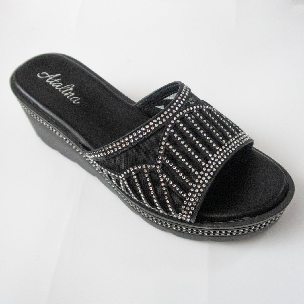 Black Wedge Sandals with Crystals