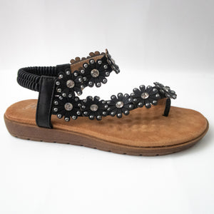 Black Floral Toe Ring Slingback Flat Sandals