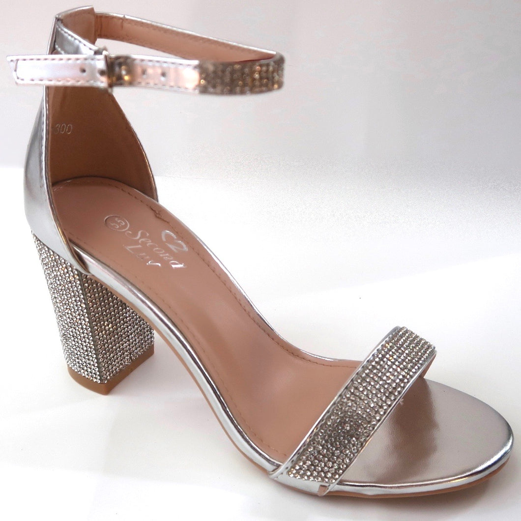 Silver Crystal Block Heel Sandals