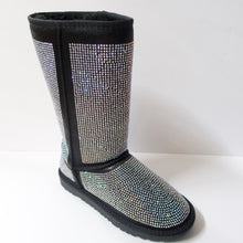 Load image into Gallery viewer, Black winter boots covered in crystal embellishments. Hit the mid-to-upper calf. Entire boot embellished with iridescent silver crystals.  Fuzzy lining on the insides, including the sole to add warmth.  Textured outsole for traction.
