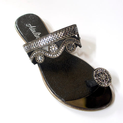 A black toe-ring sandal with crystal embellishments.
