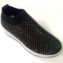 Load image into Gallery viewer, Super comfortable and easy to slip-on black crystal-embellished slip-on sneakers.  Entire upper embellished with crystals. Slip-on style. Textile upper with plenty of stretch for added comfort. Padded insole for comfort.
