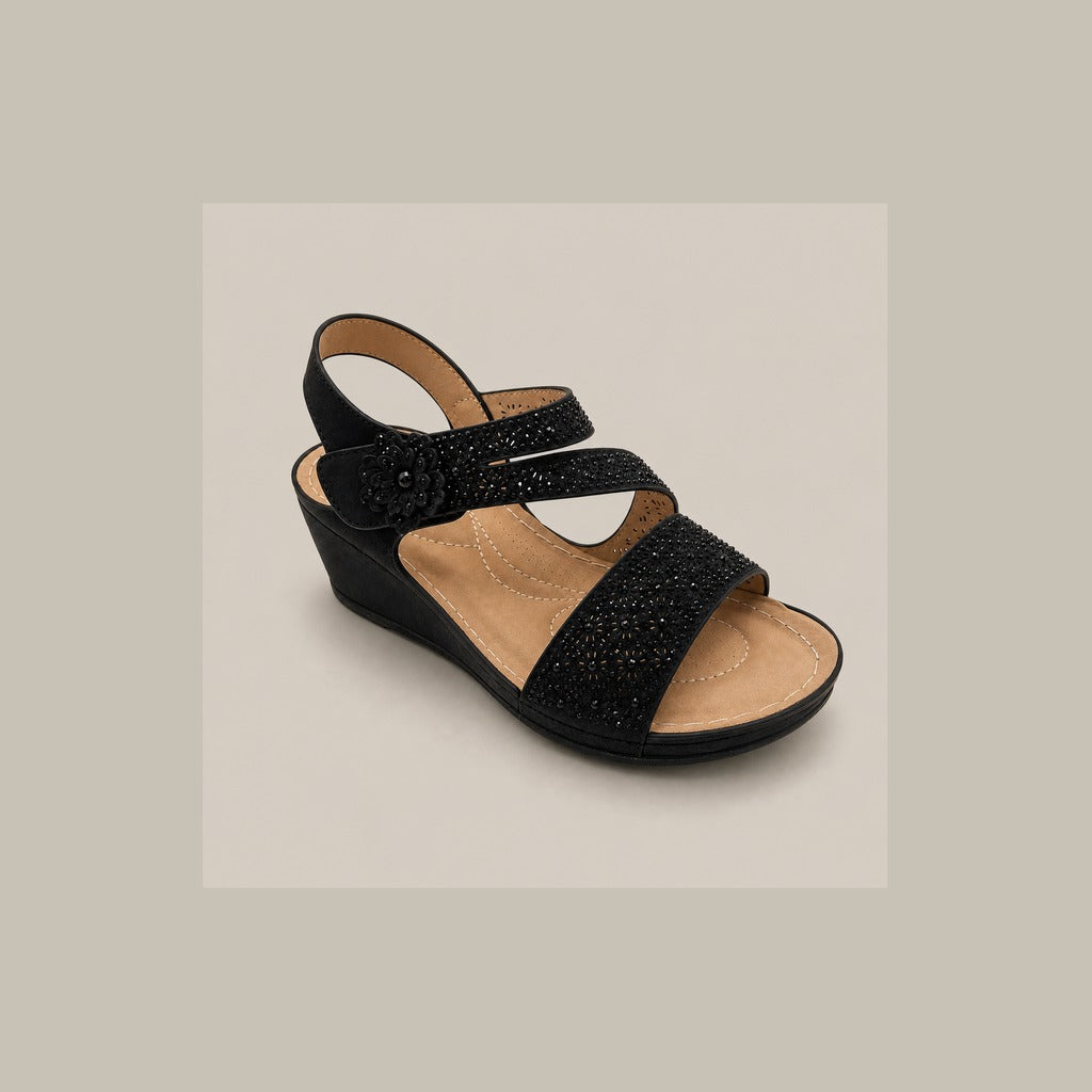 Black Floral Crystal T-Strap Sandal with Elastic Comfort Strap