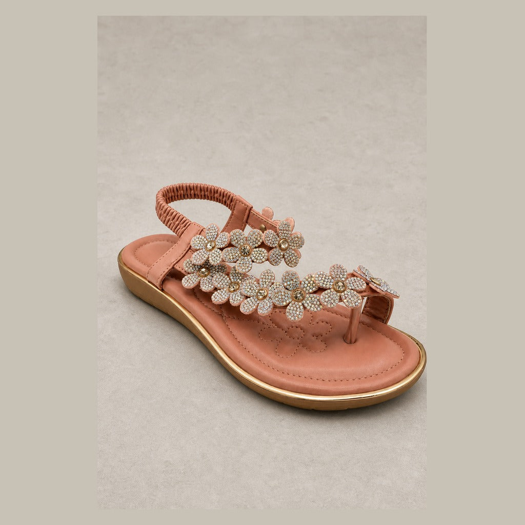 Blooming Crystal T-Strap Sandal with Elastic Comfort Band