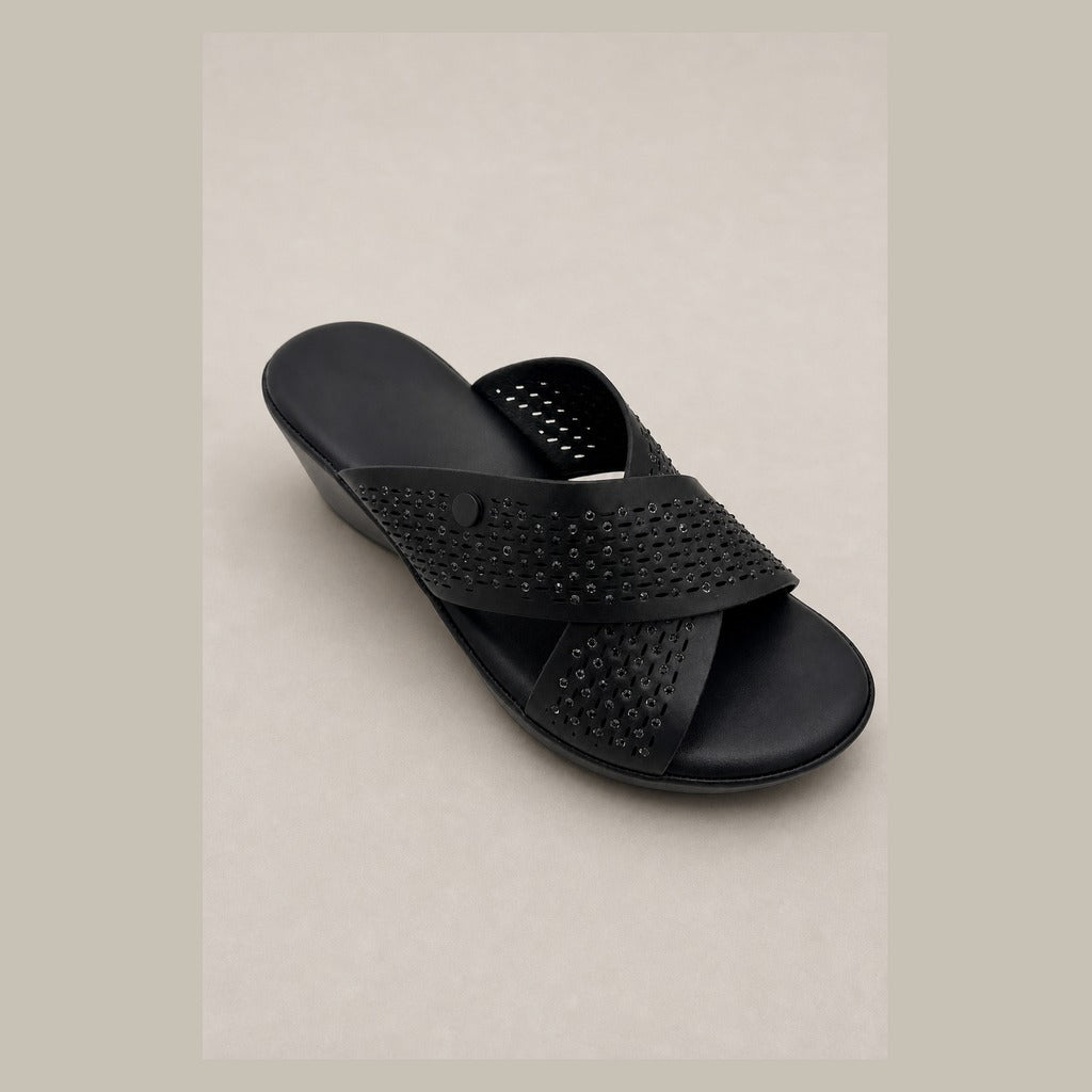 Black Crystal Decorated Strap Wedge Sandals