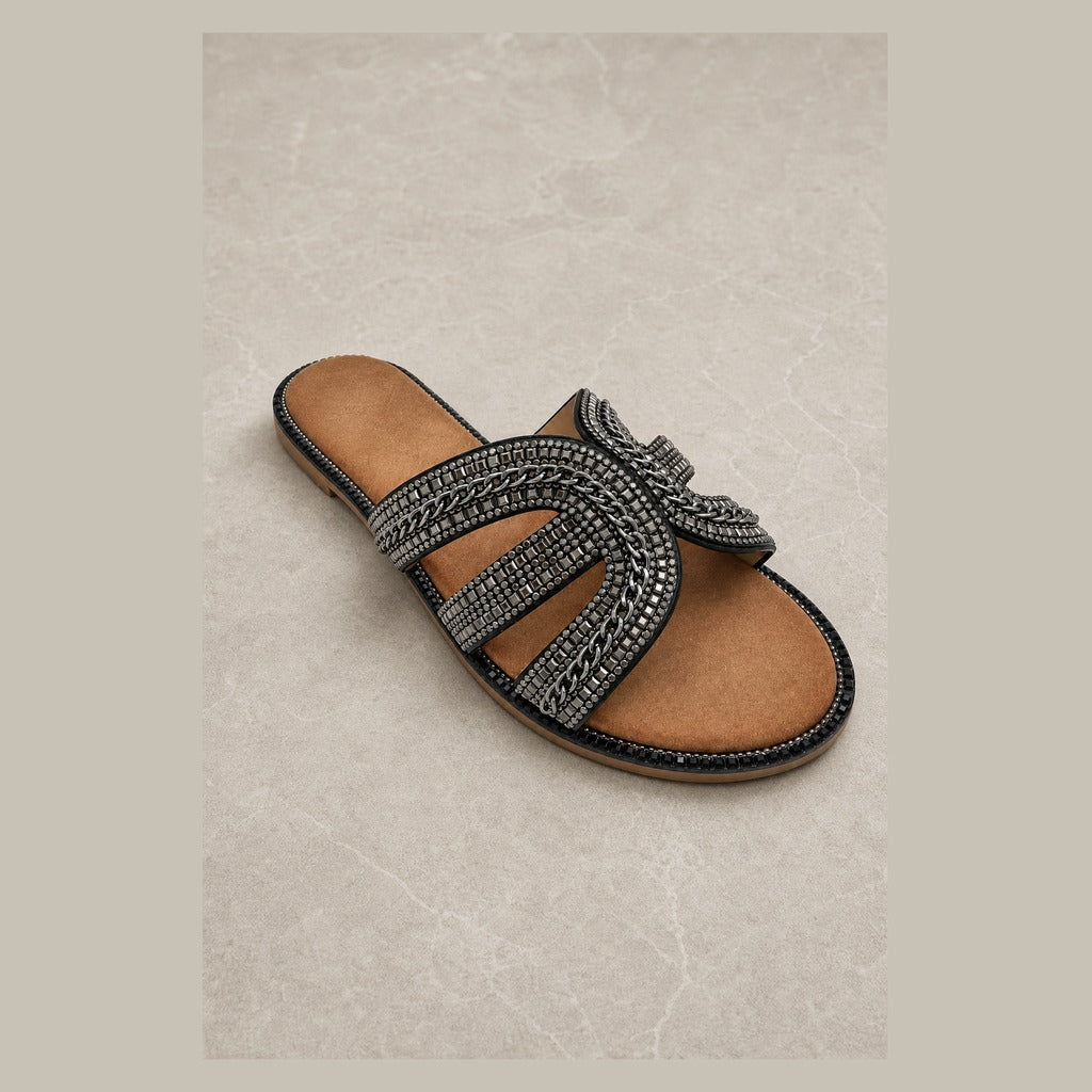 Crystal Embellished Flat Slip-On Sandals (Black/Silver)