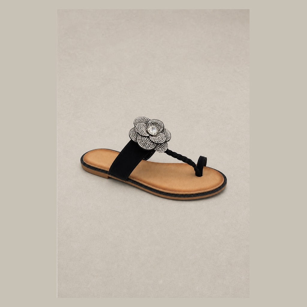 Garden Elastic T-Strap Sandal with Crystal Flowers