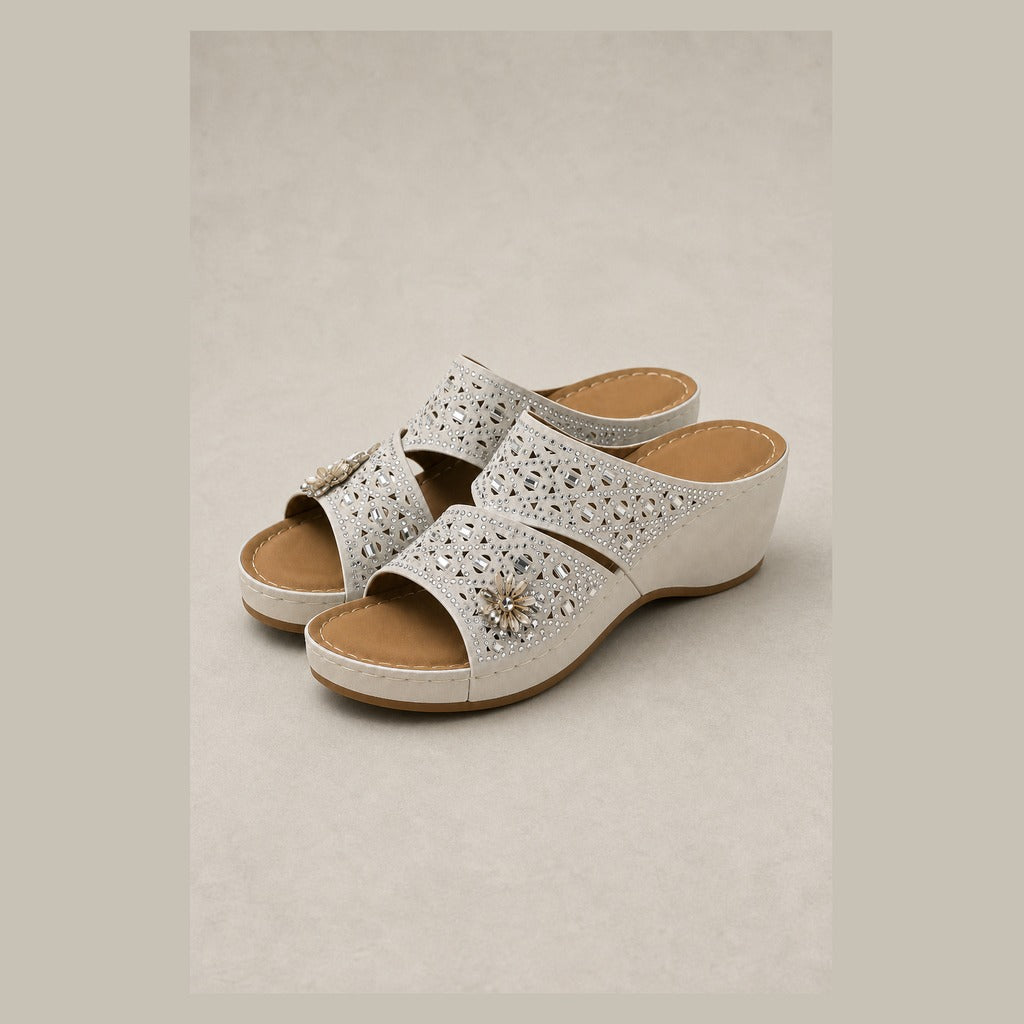 Crystal Embellished and Perforated Wedge with Floral Accents