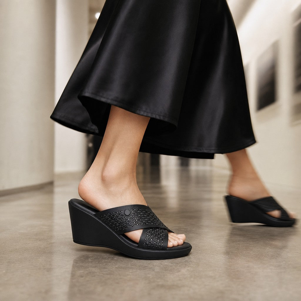 Black Crystal Decorated Strap Wedge Sandals editorial lookbook image